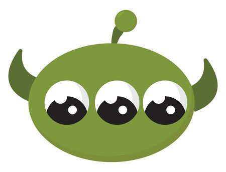 A small green alien with three eyes and two horns , vector, color drawing or illustration.