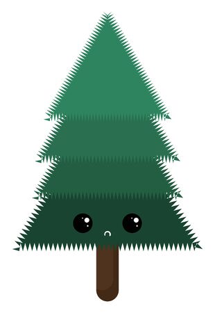 the green tree with a brown trunk has a cute little face with eyes rolled top-left expresses sadness set isolated on white background viewed from the front, vector, color drawing or illustration.のイラスト素材