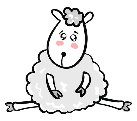 the fluffy grey sheep with an oval-shaped face, two short ears, and expresses sadness while seated with its legs spread wide set isolated on white background, vector, color drawing or illustration.のイラスト素材