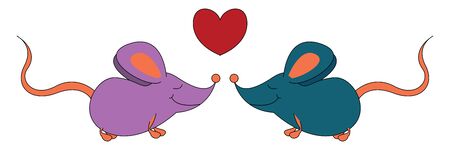 Two mice in purple and blue colors have pointed snouts, large ears, long tail, and eyes closed while facing each other, and centered with a red heart, vector, color drawing or illustration.のイラスト素材