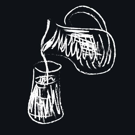 Silhouette of a glass jar with a handle and narrow opening contains milk and tripped to a glass to be enjoyed by someone over black background, vector, color drawing or illustration.のイラスト素材