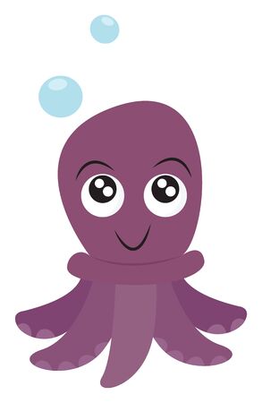 A purple-colored octopus with trailing tentacles and with eyes rolled up has a cute smile over white background with two blue bubbles drifting through the air, vector, color drawing or illustration.のイラスト素材