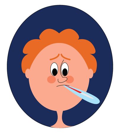 The face of a sick cartoon boy with his hair colored in orange has a thermometer in his mouth and with crossed eyes looks at the temperature that peaks high, vector, color drawing or illustration.のイラスト素材