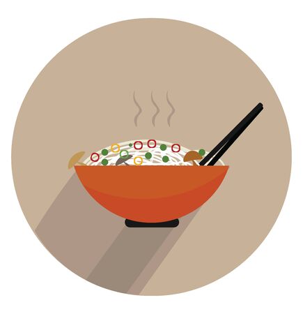 Portrait of the hot steaming pasta cooked with vegetables on a giant orange bowl with a tong over white background viewed from the front, vector, color drawing or illustration.のイラスト素材