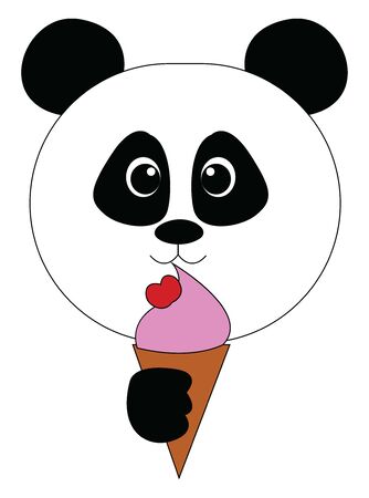 Cartoon panda holding a cone ice cream topped with a strawberry looks cute and lovely set isolated on white background viewed from the front, vector, color drawing or illustration.のイラスト素材