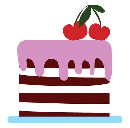 Brown and white fondant covering the amazing big cake with pink drippings and garnished with two red cherries on top of it, vector, color drawing or illustration.のイラスト素材