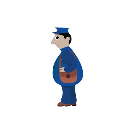 A postman in his blue uniform and a hat with a long-clutch brown sling bag on his shoulders is smiling set isolated on white background viewed from the side, vector, color drawing or illustration.のイラスト素材