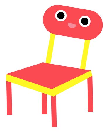 Emoji of a red chair with a square-shaped seat, four legs, and the back support or the rail, has a cute little face with two big eyes and rosy lips is smiling, vector, color drawing or illustration.のイラスト素材