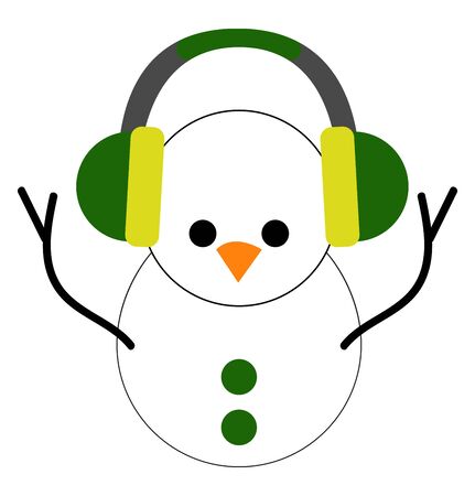 A cute snowman with two balls of different sizes, decorated with two circular green buttons, has two eyes and yellow beak, enjoys music from green headphones, vector, color drawing or illustration.のイラスト素材