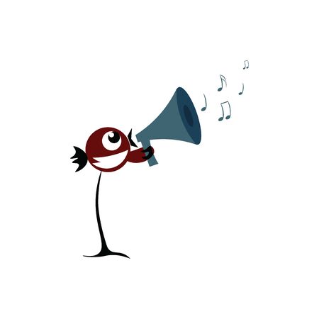 A standing bird with a blue horn, with music, beak open, with brown head, vector, color drawing or illustration.のイラスト素材