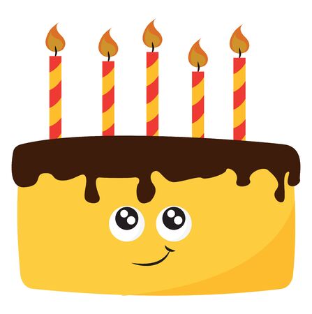 A yellow birthday cake, with brown icing, with yellow-red stripes candle, with design of a face, vector, color drawing or illustration.のイラスト素材