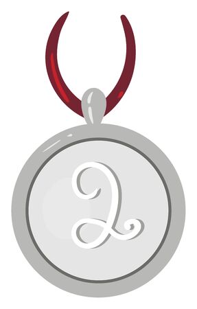 A silver metal disc of the size of a large coin attached to a short red-colored ribbon is waiting to honor some valuable person for securing the second place, vector, color drawing or illustration.のイラスト素材