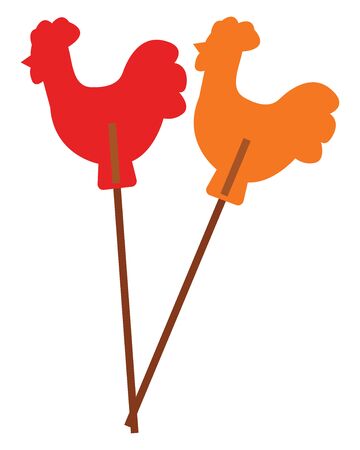 A two colorful sugar candy in cock-shape, red and yellow colors attached to brown sticks, vector, color drawing or illustration.のイラスト素材