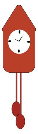 A red cuckoo clock with short and long hands, with a pendulum, vector, color drawing or...