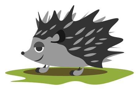 A black-gray hedgehog on a green area, with big eyes, smiling face, vector, color drawing or illustration.のイラスト素材