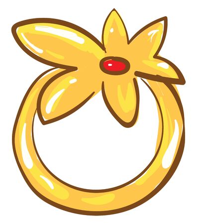 A picture of a yellow/golden flower ring with a red stone, vector, color drawing or illustration.のイラスト素材