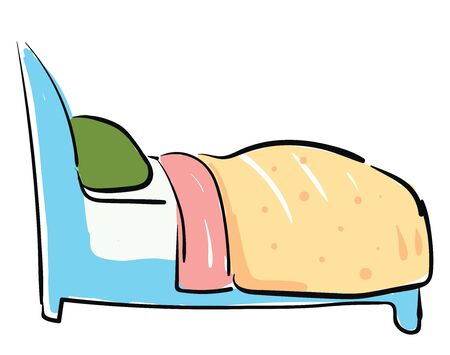 A blue bed with green pillow, with yellow and pink blanket, vector, color drawing or illustration.のイラスト素材