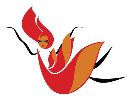 A drawing of a woman's body covered with a dress of fire, her hair looks like flame, she has red lips and her arms and legs are drawn in black., vector, color drawing or illustration.のイラスト素材