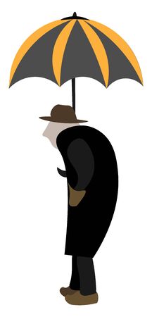 A sketchy old man in a black coat with a brown hat under a gray and yellow umbrella, vector, color drawing or illustration.のイラスト素材