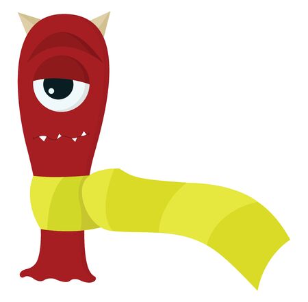 A cute long headed monster with horns wearing a long yellow scarf, vector, color drawing or illustration.のイラスト素材