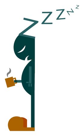 Drawing of a green stick man in long shoes holding a hot steaming coffee mug and snores as he sleeps while standing, vector, color drawing or illustration.のイラスト素材