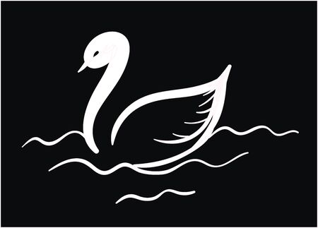 Silhouette of a fluffy swan swimming across the sea set on isolated black background viewed from the side, vector, color drawing or illustration.のイラスト素材
