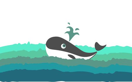Painting of a black and white-colored whale with a streamlined, torpedo-shaped body and few droplets of water splashed while the sea fish swimming, vector, color drawing or illustration.のイラスト素材