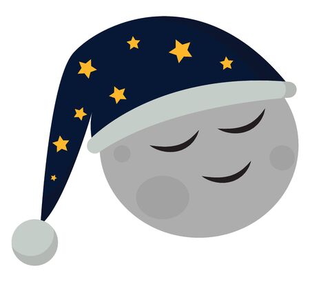 A white moon with two eyes wearing nightcap with stars on it fast asleep, vector, color drawing or illustration.のイラスト素材