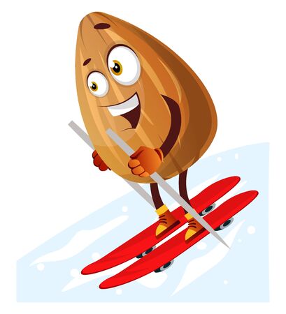 Happy almond skiing on red skis, illustration, vector on white background.のイラスト素材