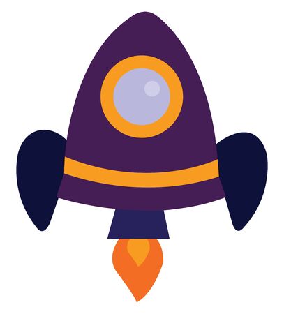 A blue and yellow color rocket with big window and flame ready to fly, vector, color drawing or illustration.のイラスト素材