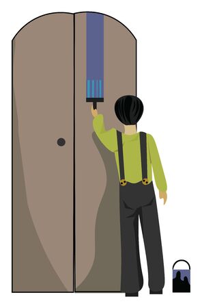 An expert house painter wearing suspenders painting the door blue with paint and paint brush, vector, color drawing or illustration.のイラスト素材