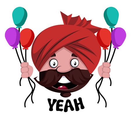 Man with turban is holding baloons, illustration, vector on white background.のイラスト素材