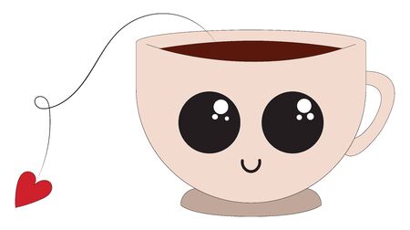 Off white colored tea cup filled with black drink with one handle and two eyes, vector, color drawing or illustration.のイラスト素材