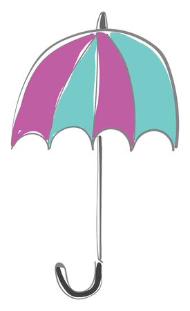 Clipart of an appealing folded umbrella with purple and blue colored canopy or cap and a black hook handle stands upright on the foreground, vector, color drawing or illustration.のイラスト素材