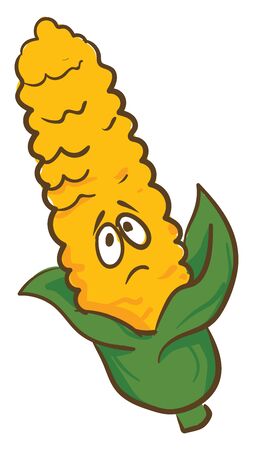 A melancholic corn yellow in color with green husks, with raised eyebrows and a frown on the face, vector, color drawing or illustration.のイラスト素材