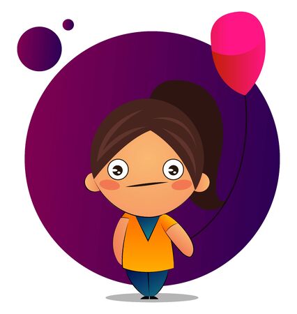 Girl with brown ponytail with a red balloon, illustration, vector on white background.のイラスト素材