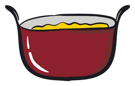 A red color sauce pan with yellow liquid and two handles, vector, color drawing or illustration.のイラスト素材