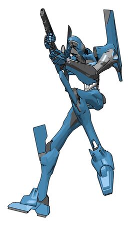 Blue robot with gun, illustration, vector on white background.のイラスト素材