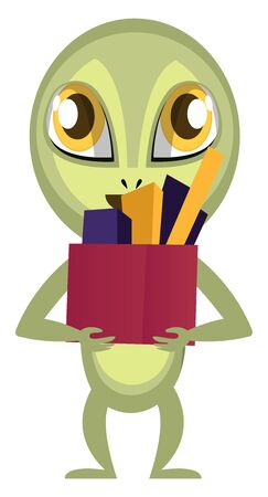 Alien with stuff in box, illustration, vector on white background.のイラスト素材
