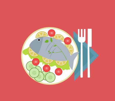 Fish on a plate, illustration, vector on white background.のイラスト素材