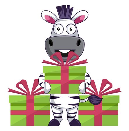 Zebra with birthday gift, illustration, vector on white background.のイラスト素材