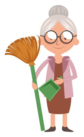 Granny with dust pan, illustration, vector on white background.のイラスト素材