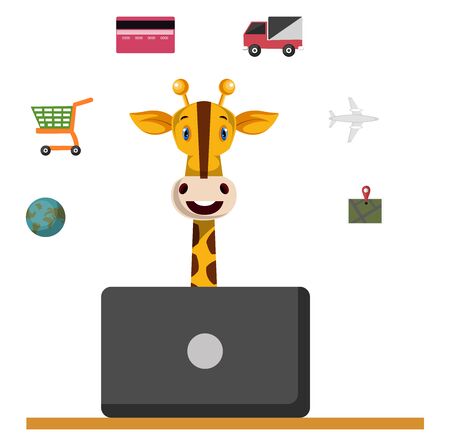 Giraffe with laptop, illustration, vector on white background.のイラスト素材