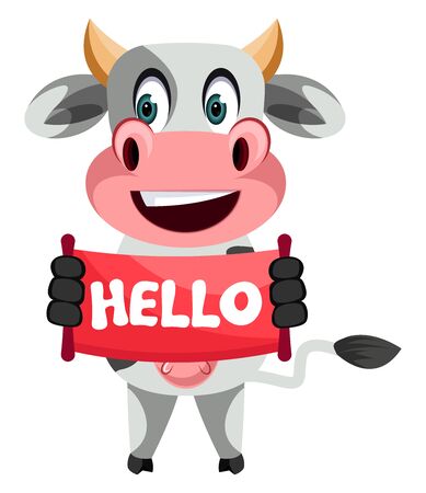 Cow with hello sign, illustration, vector on white background.のイラスト素材