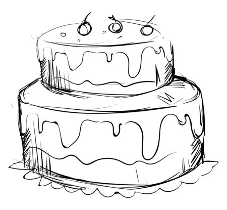 Drawing of a birthday cake, illustration, vector on white background.