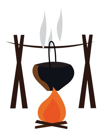 A black pot hanging above a wood fire, vector, color drawing or illustration.のイラスト素材