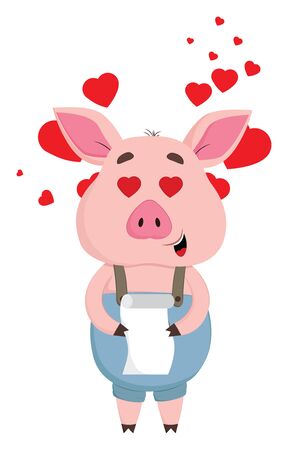 A cute pig with a letter in its hand with lot of love, vector, color drawing or illustration.のイラスト素材