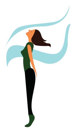 A gymnast girl wearing a green gymnast dress and a wind blowing her hair, vector, color drawing or illustration.のイラスト素材