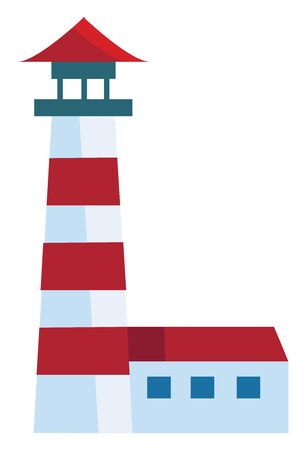 A red lighthouse at night with a bright spotlight, vector, color drawing or illustration.のイラスト素材