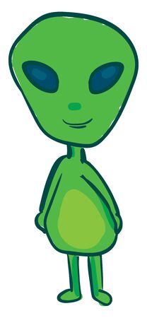 A happy green alien with blue eyes, vector, color drawing or illustration.